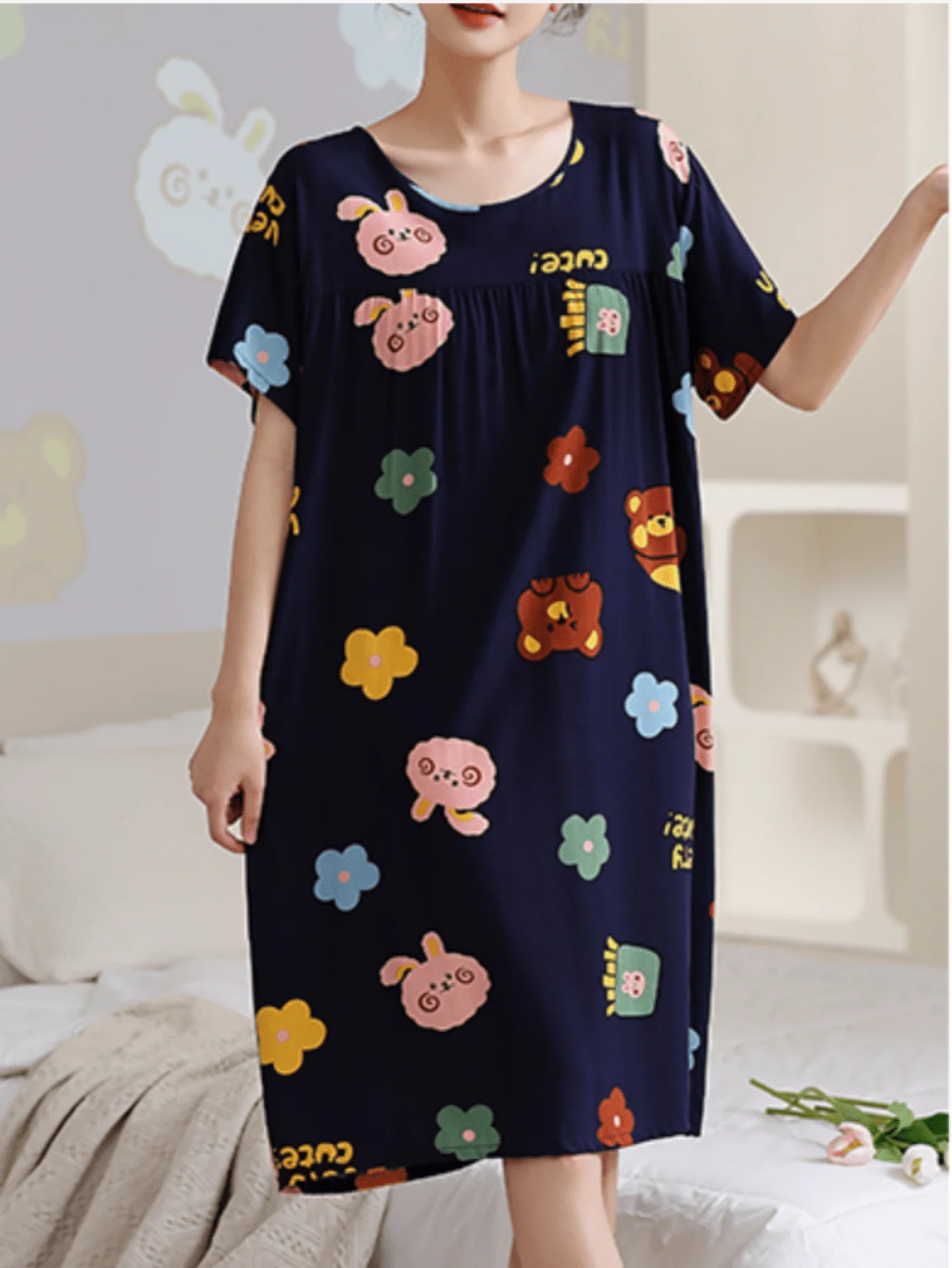 1 Korean version of cotton silk nightdress women short-sleeved pajamas summer rayon cotton loose comfortable home wear