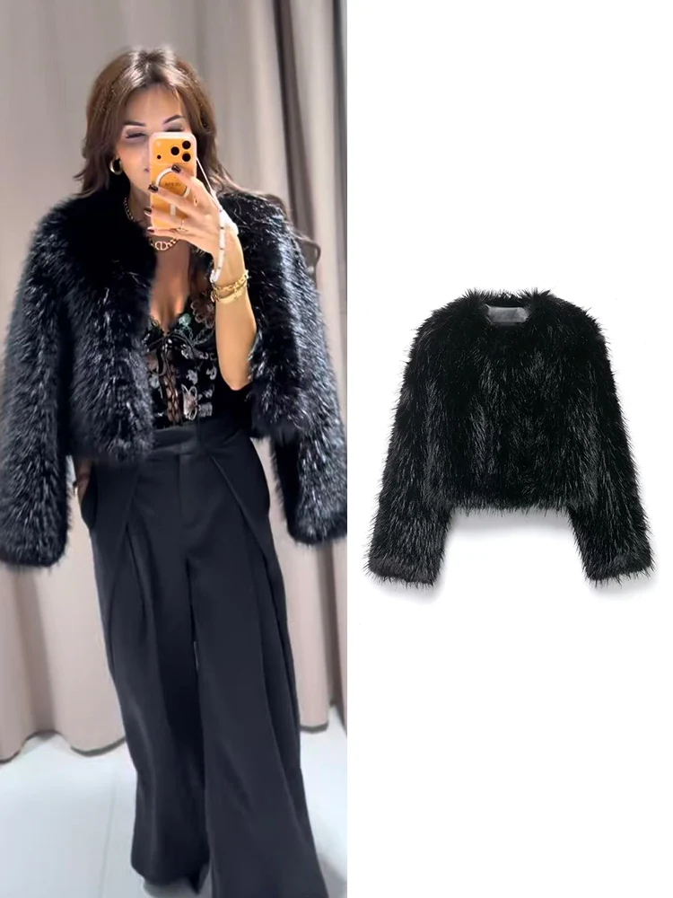 

Women Fashion Fur Short Top Long Sleeves O-neck Solid Color Jacket Autumn and Winter Female Faux Fur Casual Vintage Outwear