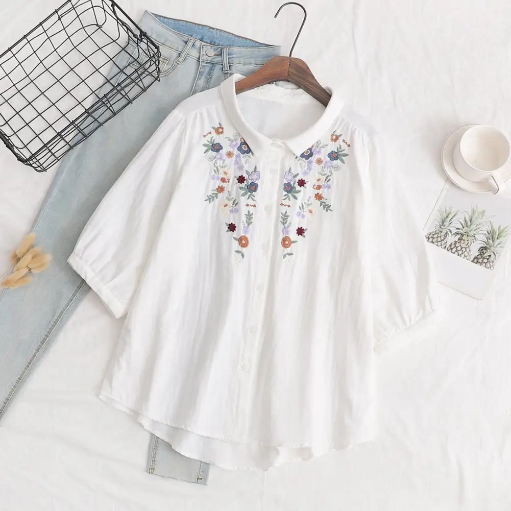 

Relaxed Fit Blouse Flower Embroidery Print Women's Shirt Collection Casual Office Wear Street Style Tops Loose Fit Summer