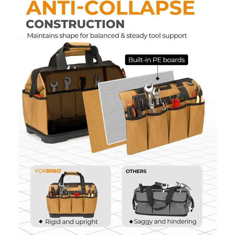16 Inch Wide-Mouth Tool Bag, Heavy Duty Toolbag Organizer, Large Tool Tote Bags for Men & Women with Waterproof Molded Base image 4