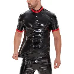 Plus Size 7XL Mens Shiny Leather T-shirt Glossy Faux Leather Short Sleeve Tees Male Stand Neck Shaping Latex Casual Shirt Sexi