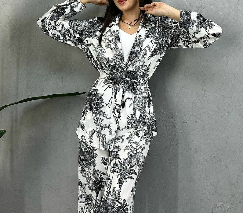 Women Print Two Piece Pant Sets Full Sleeve Cardigan Shirts Lace Up Wide Leg Pants Midi Waist Loose Splice Casual Summer