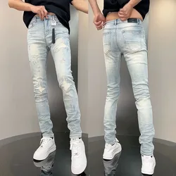 New Korean Luxury Clothing High Quality Jeans for Men Fashion Slim Fit Pencil Pants with Holes Summer Casual Denim Trousers Male