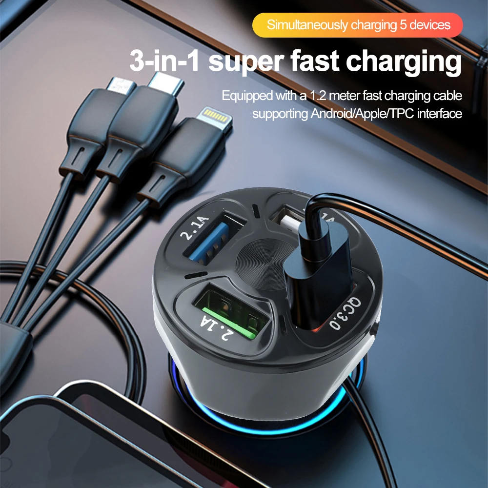 4 Ports USB Car Charger USB Adapter with Voltmeter QC 3.0 Super Fast Charging Car Cigarette Lighter Plug for More Mobil Phone