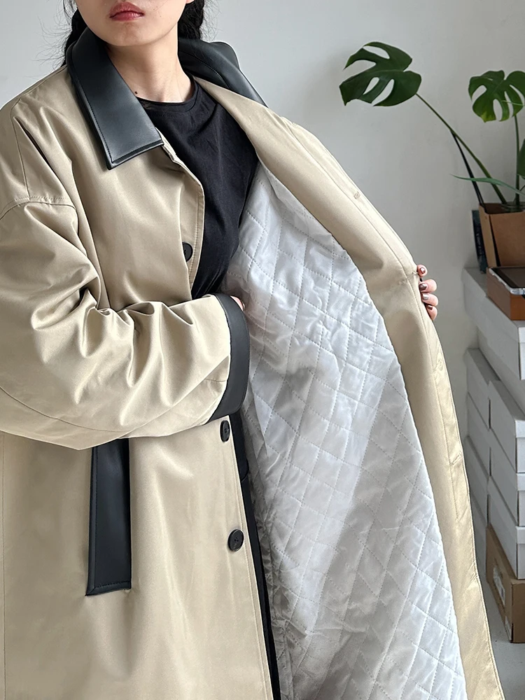 معطف طويل مبطن بالقطن على الطراز الكوري من SuperAen للنساء شتاء جديد فضفاض الخصر سميك من الجلد ذو طية صدر السترة معطف غير رسمي #4