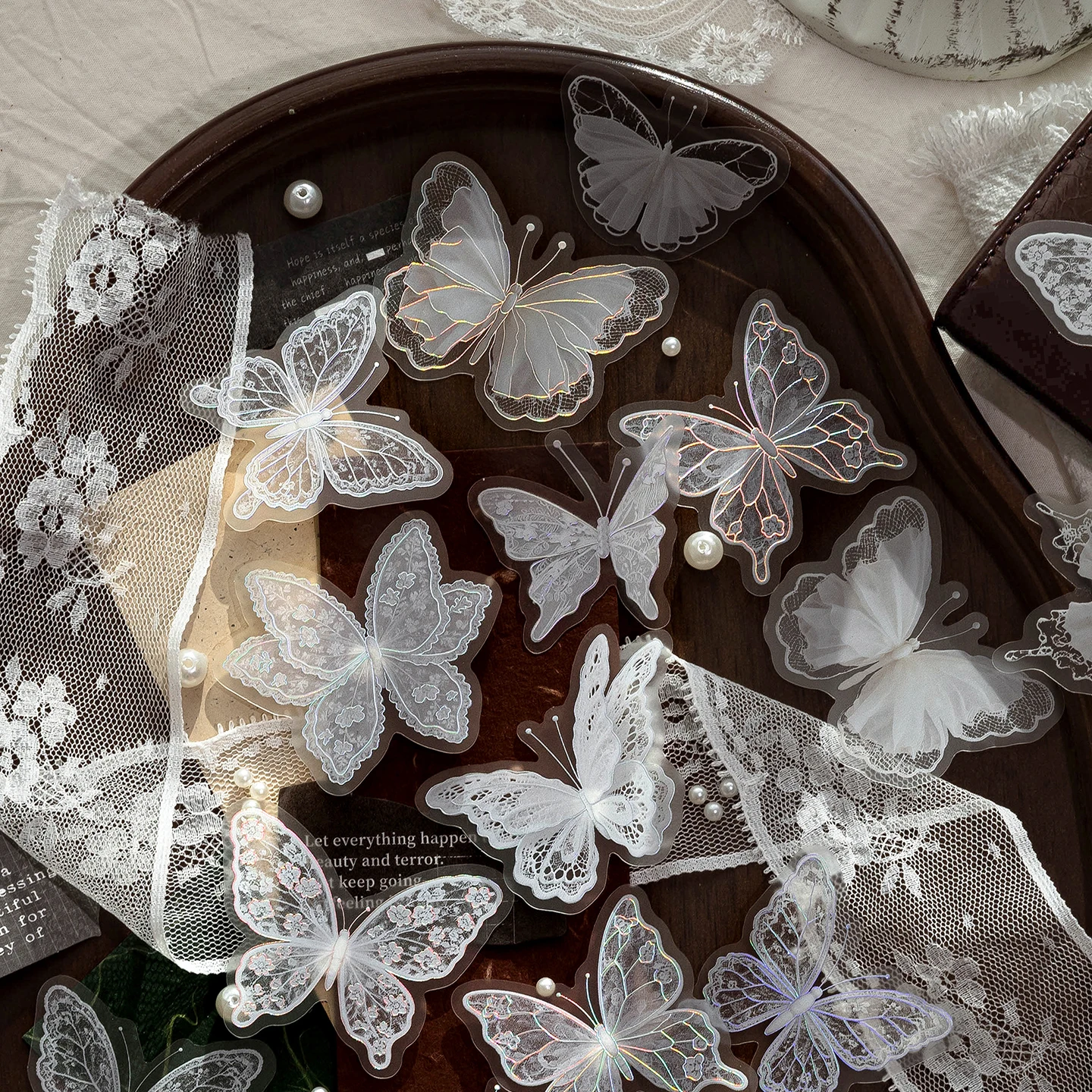 Ins-Style Lace Butterfly Stickers with High Aesthetic Value, 3D Silver Foil Plant Flower Decoration Small Patterns, Journal Pet Stickers
