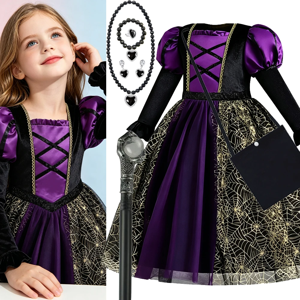 Halloween-Hexenkostüm für Mädchen, schwarzes, lila, langes Kleid mit langen Ärmeln, für Kinder im Alter von 2-10 Jahren, Karneval, Maskerade, Bühnen-Cosplay, Partykleid – Detail 2