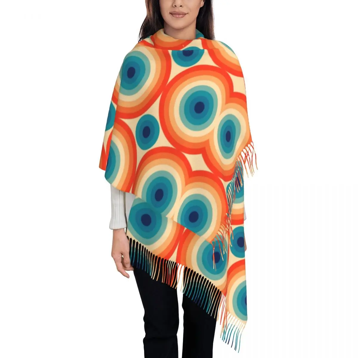 

Printed Polka Eye Illusion Dot Pattern In Orange And Blue Scarf Women Men Winter Fall Warm Scarves Mid Century Shawls Wraps