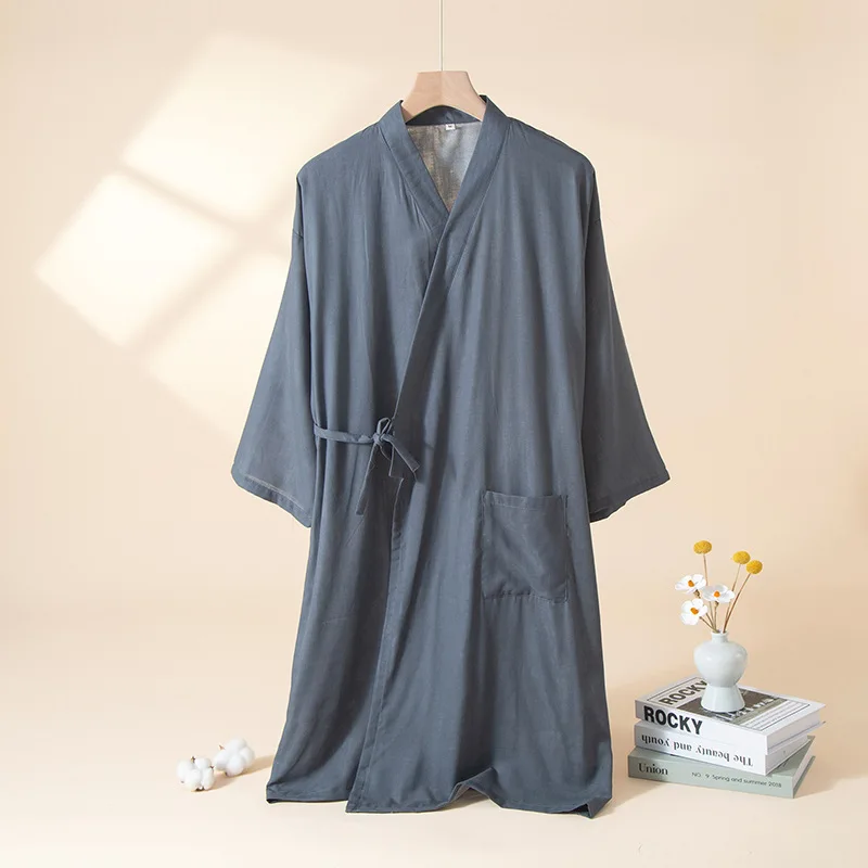 

Kimono Men's Bathrobe for Man Sleepwear Solid Color Home Clothing Spring Summer Thin Style 100% Cotton Comfortable Robe for Men