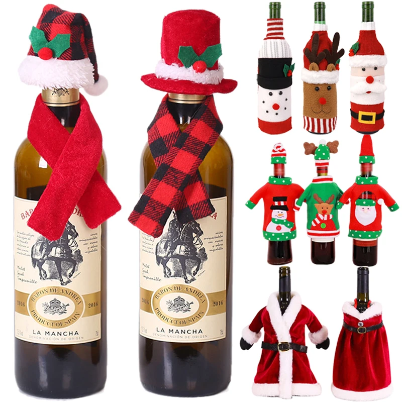 Christmas Ornament Wine Bottle Cover Sweater Hat Scarf Xmas Wine Bottle Holders Bag New Year Home Party Dinner Table Decoration