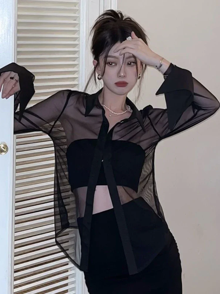 Temperament Damen Tops Blusen für Frauen Langarm Dünnes Hemd Perspektive Schwarz Blusas De Mujer Sexy Mode Shirts