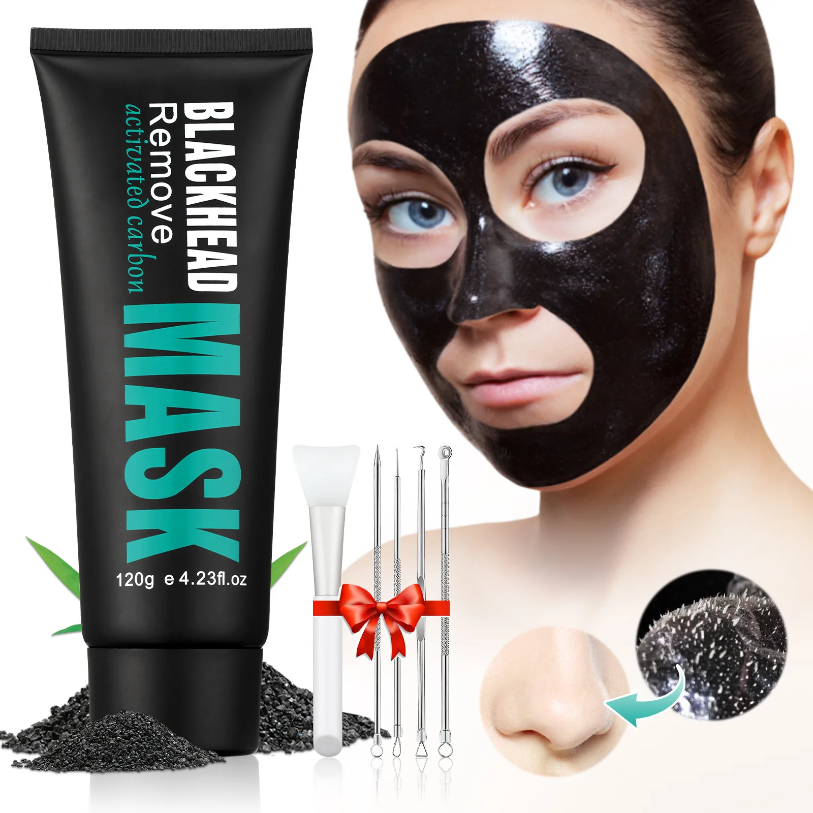 120g Nose Black Dot Mask Acne Deep Cleansing Mask Bamboo Charcoal Blackhead Remover Face Mask Oil-Control with 4Pcs Acne Needles