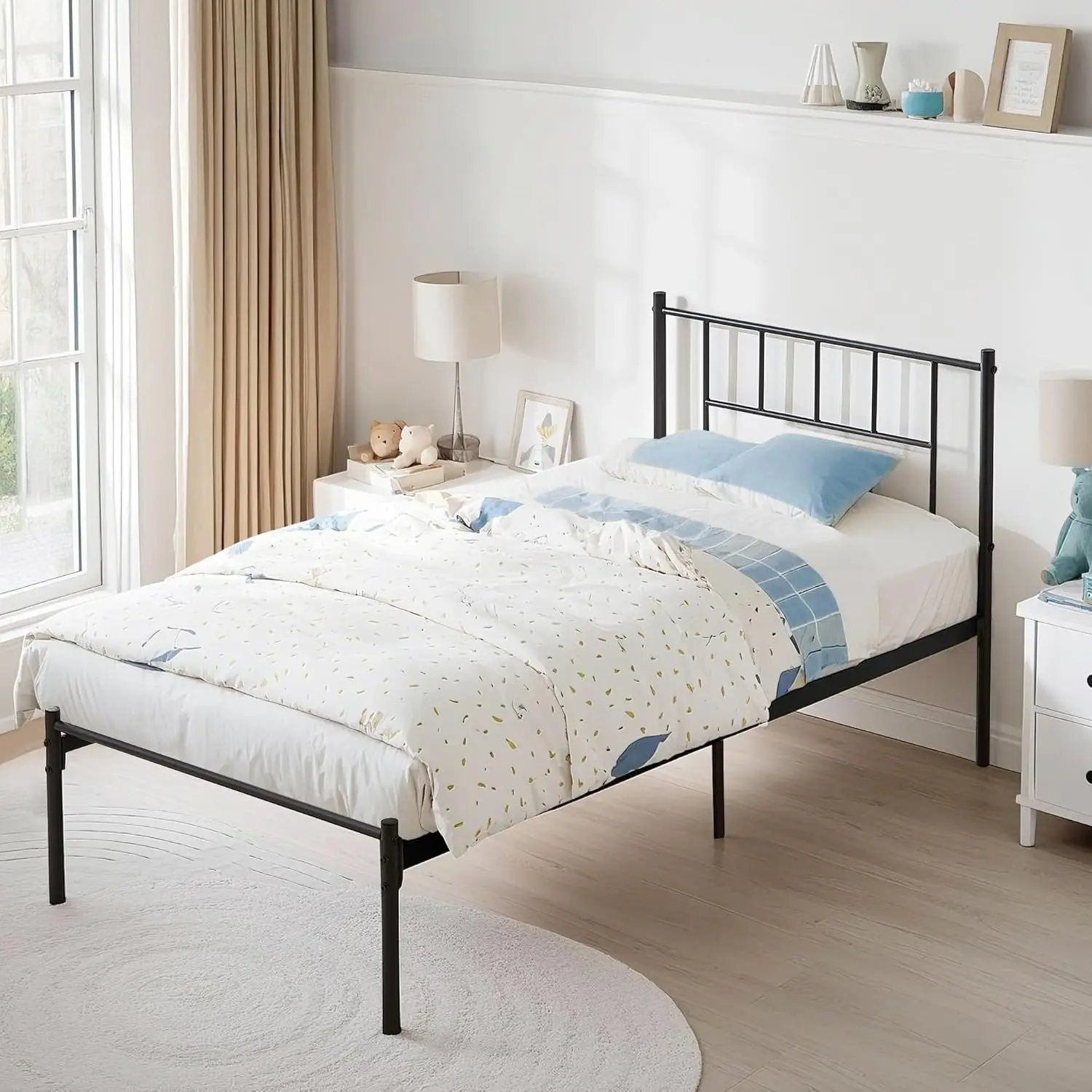 

Twin Metal Platform Bed Frame With Headboard, Heavy Duty Steel Slat Support, Under Bed Storage,No Box Spring Ned, Easy Assembly