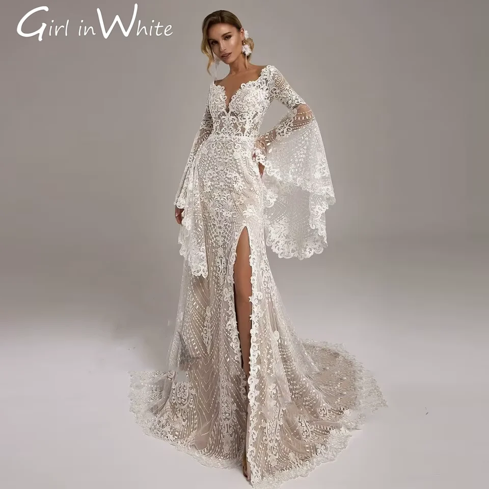 

Luxury Lace Boho Puffy Long Sleeve Mermaid Wedding Gowns 2024 Champagne Beach Bridal Gown customized Bride Robe Vestido De Novia