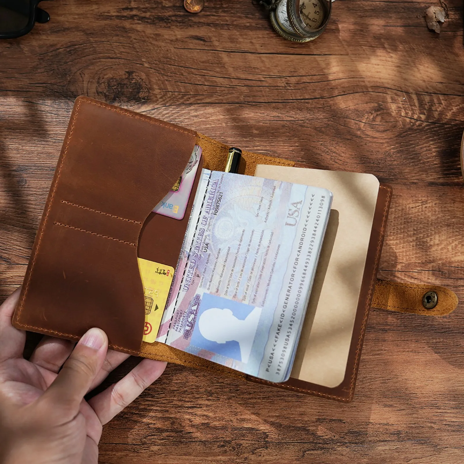 Leather Journal Cover Handmade Refillable Travel Notebook with Passport Pocket & Card Holder for Field Notes 3.5" x 5.5" Diary