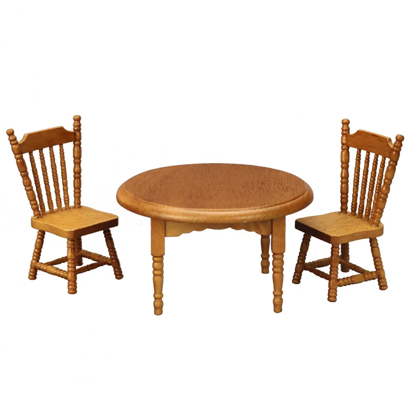 1:12 Miniatur Rumah Boneka Kerajinan Kayu - Set Meja dan Kursi Kayu Solid Warna Chestnut untuk Ruang Makan