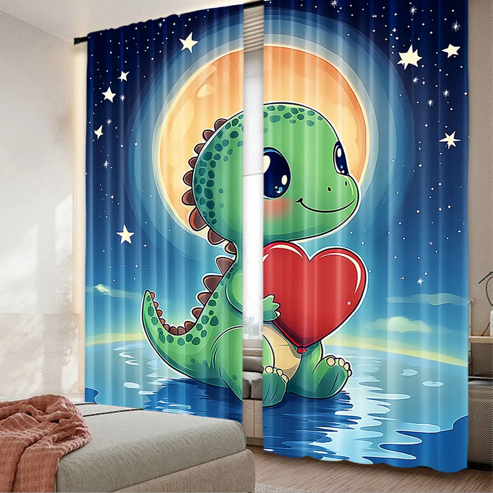 

2Pcs Dinosaur Curtain Valentine Night Scenery Animal In Love Full Moon Jurassic Times For Bedroom Living Room And Dining Room