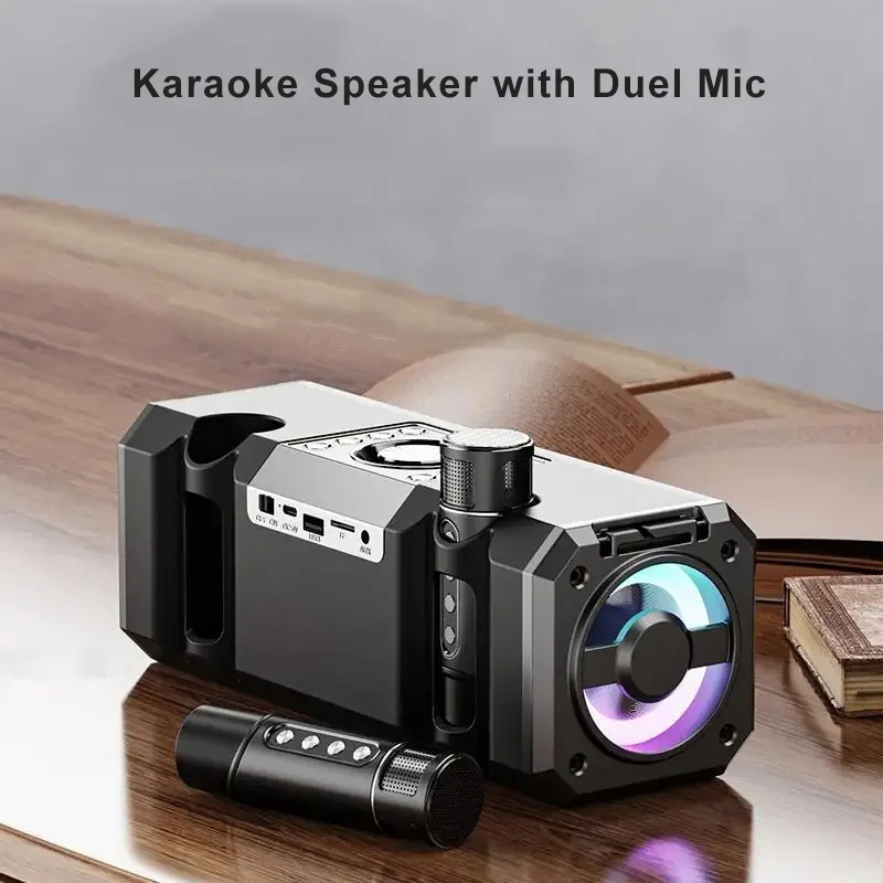 Portable Karaoke Bluetooth Speaker with Duel Mic Outdoor Wireless Audio Player Handheld Dazzling Lighting Home Theater Subwoofer