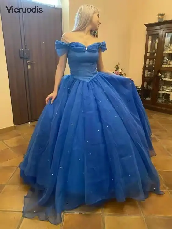 قبالة الكتف الطيات الجليد الأزرق منتفخ فساتين الأميرة فساتين حفلة موسيقية فساتين سهره تول Quinceanera الكرة الخاصة ثوب فساتين السهرة #4