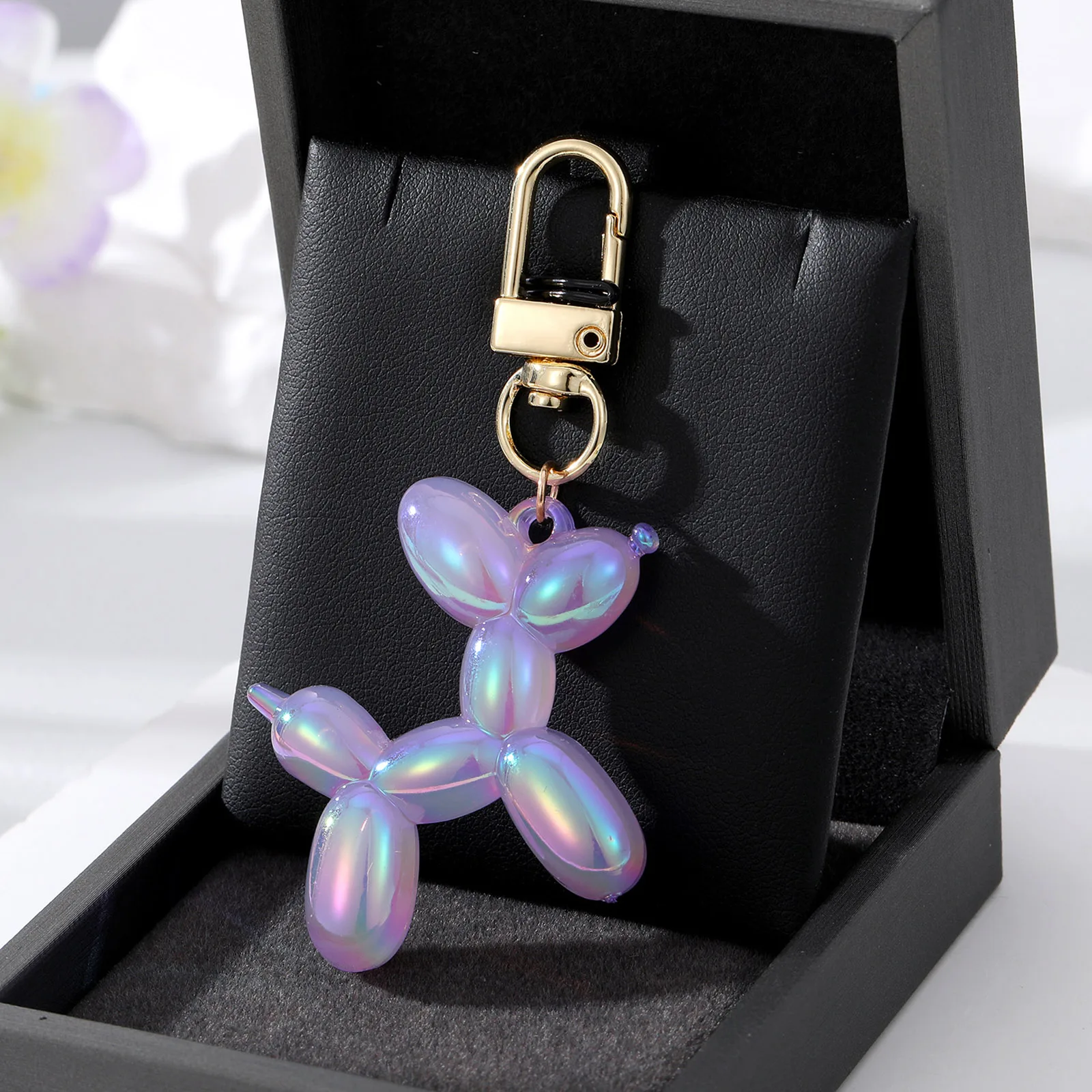 Fashion Multicolor Resin Balloon Dog Animal Laser Keychains Gold Color Metal Keyring Couple Key Ring Bag Jewelry 7cm x 4cm,1PC