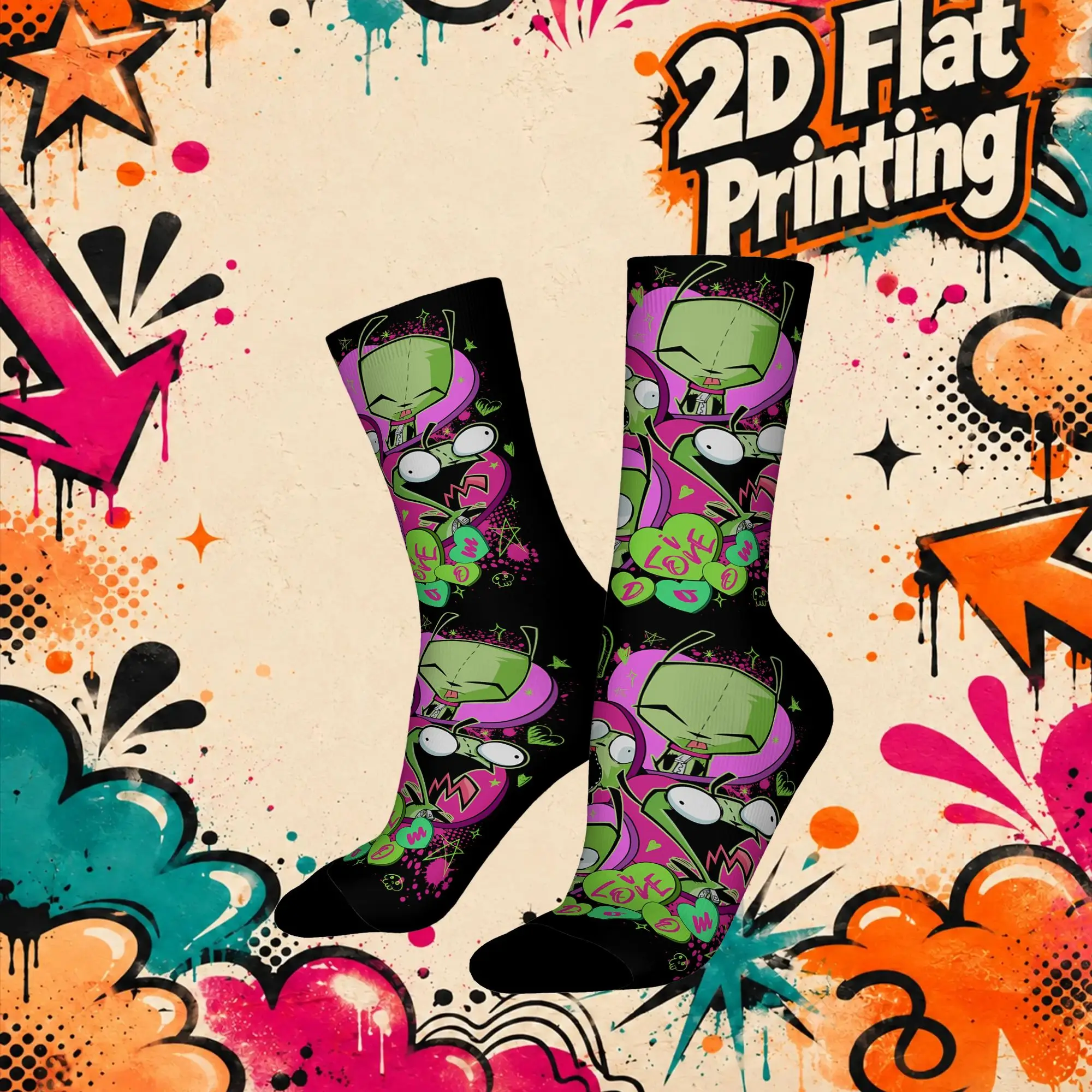 Invader Zim Anime Trendy Men's  Mid Tube Winter Socks Unisex Suitable Crew Sock Cycling Socks
