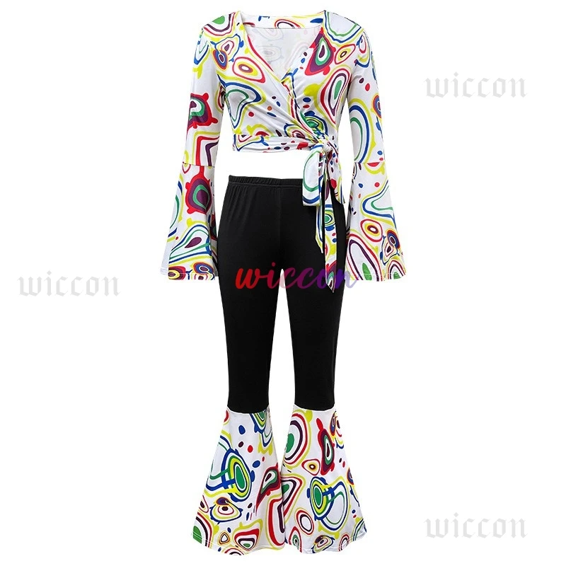 仮装パーティーヒッピーレトロ 70 年代平和印刷衣装衣装ロックディスコ男性女性ヒッピーベルボトム 코스프레 CostumeSuit