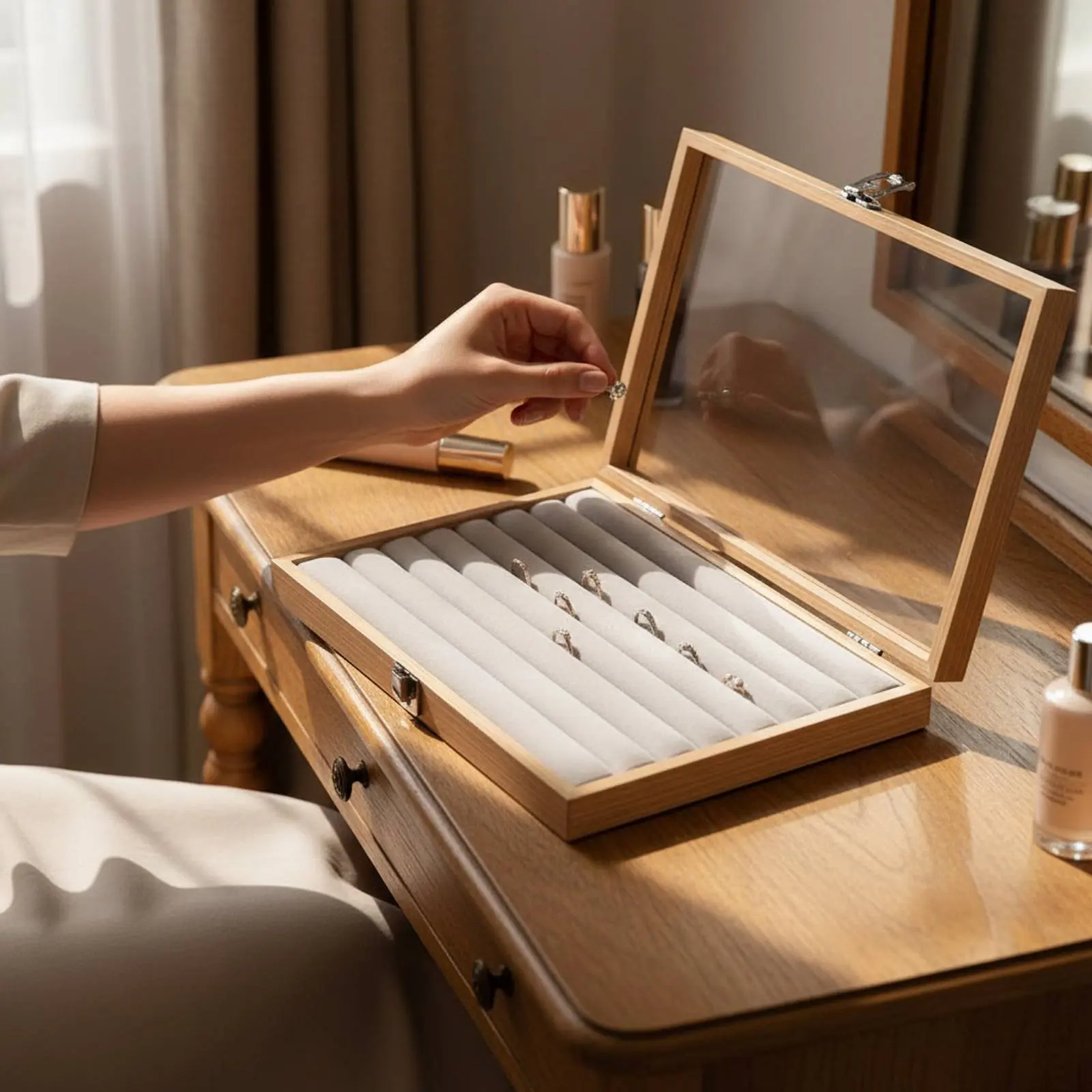 

Wood Grain Jewelry Box Large Capacity Jewelry Display Case Stackable Storage Case Soft Luxurious Material Lining Customizable