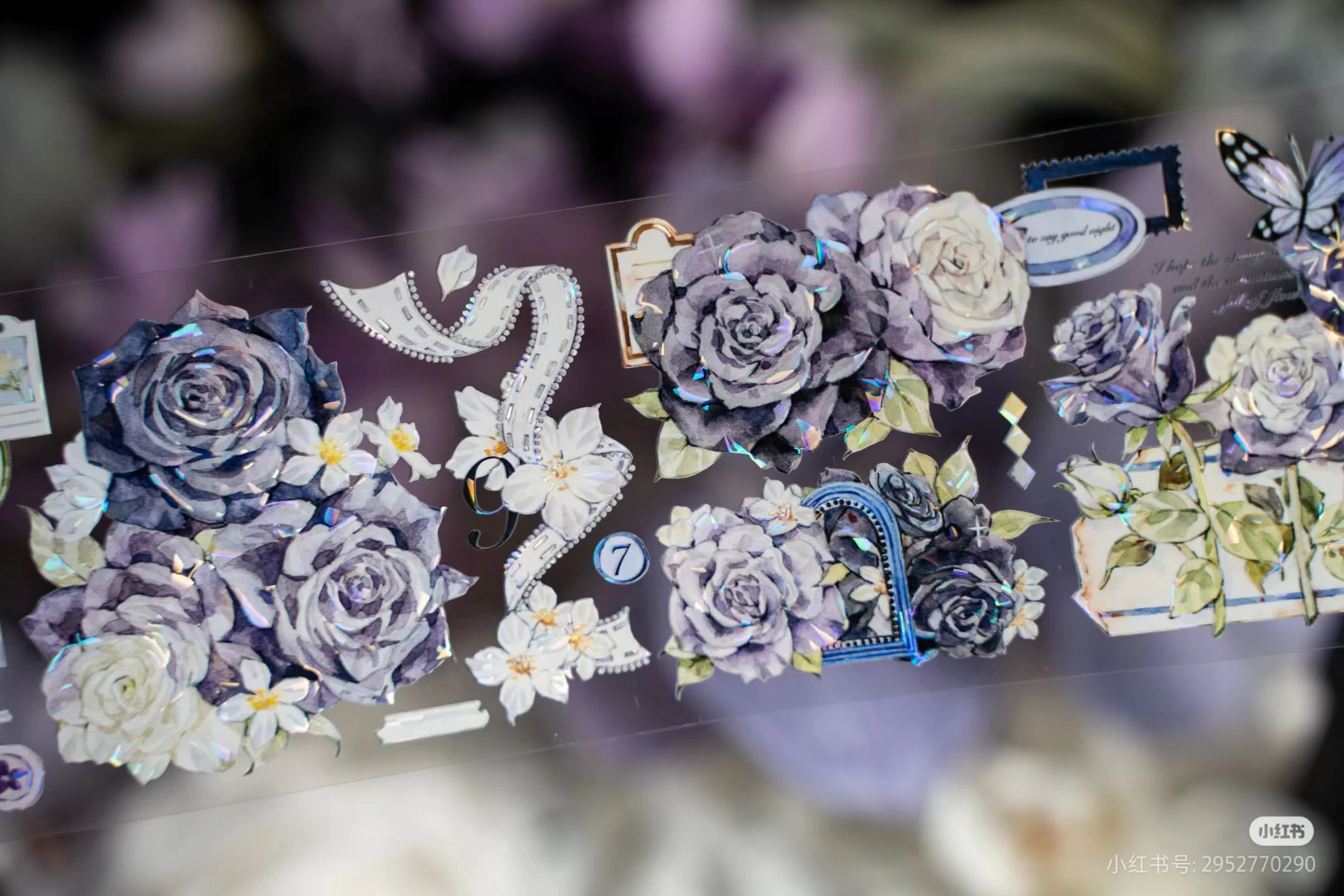 Vintage Dark Purple Rose Flower Floral Washi Shiny PET Tape