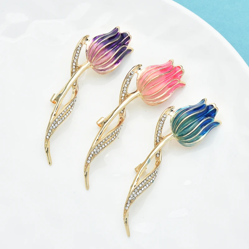 Wuli&baby Beautiful Tulip Flower Brooches Pins For Women Unisex 3-color Enamel Party Office Brooches Gifts