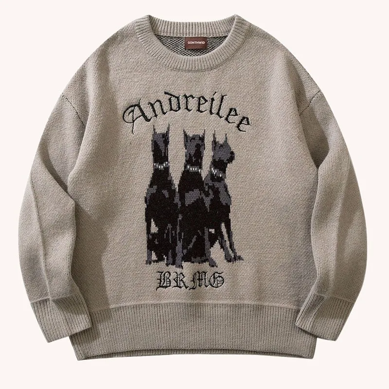 Men\'s Vintage Knitted Doberman Sweater, Casual Street Wear, Hip Hop, Harajuku Fashion, Autumn, Y2K