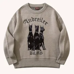 Men's Vintage Knitted Doberman Sweater, Casual Street Wear, Hip Hop, Harajuku Fashion, Autumn, Y2K