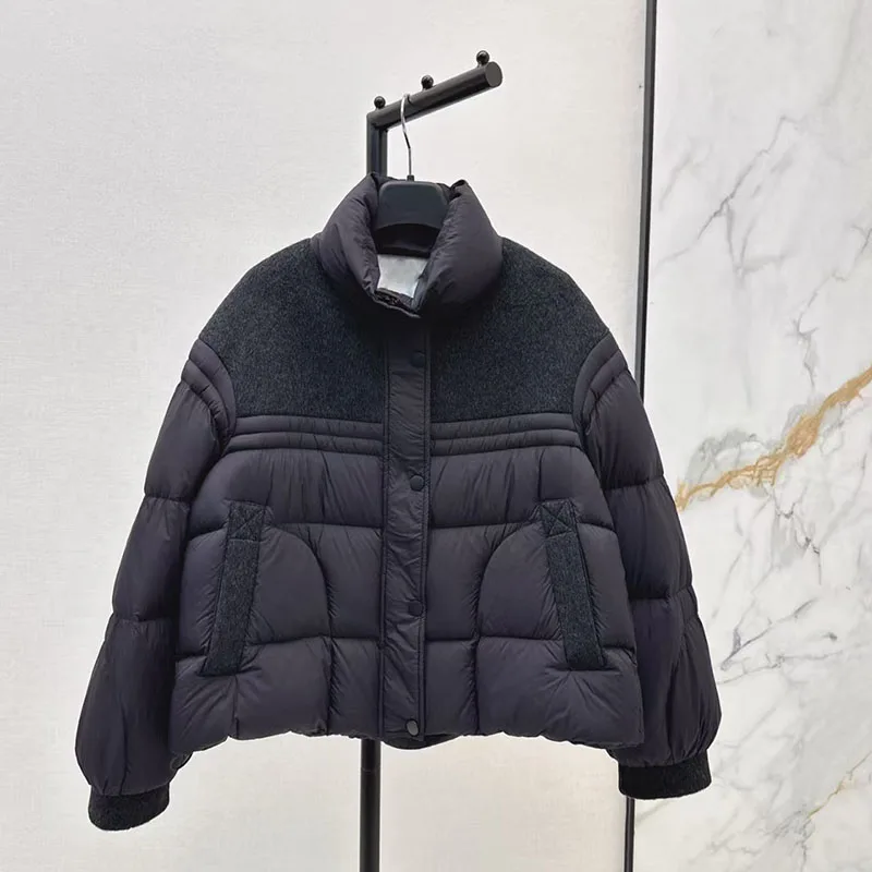 Wende-Daunenjacke aus Kaschmirmischung für Damen, locker sitzende warme Jacke, hochwertige, gefüllte Pufferjacke mit weißer Gänsedaunen