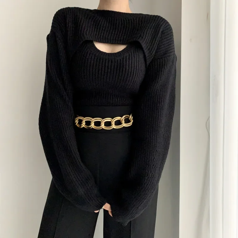 เสื้อสเวตเตอร์ถักแฟชั่นสำหรับสาวๆ สไตล์หรูหรา สำหรับฤดูใบไม้ร่วงและฤดูหนาว แบบเสื้อสองชิ้นในตัวเดียว ดีไซน์เสื้อกั๊กและเสื้อสเวตเตอร์ทรงเข้ารูป สีพื้น เรียบง่าย