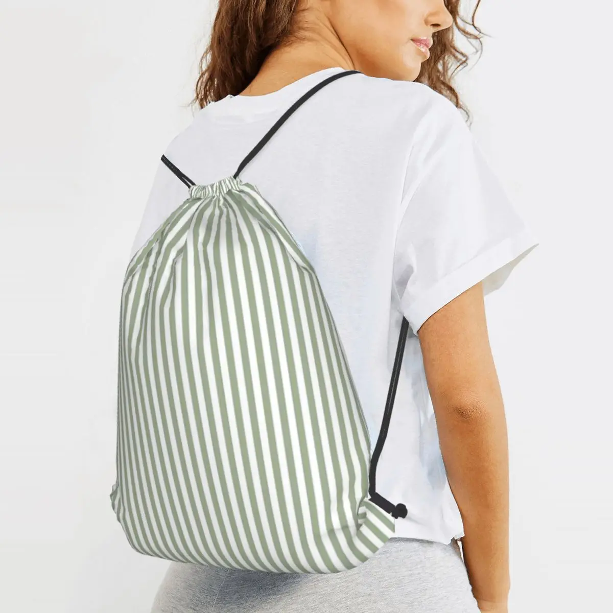 Sage Green And White Classic Narrow Stripe Pattern Vertical Backpacks Casual Drawstring Bags Sports Bag Book Bags for Man Woman