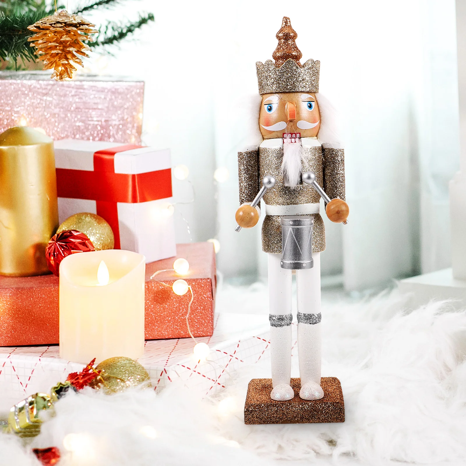 

1Pcs 30Cm White Gold Drum Top Nutcracker Decor Wooden Soldier Ornament Christmas Tabletop Decoration