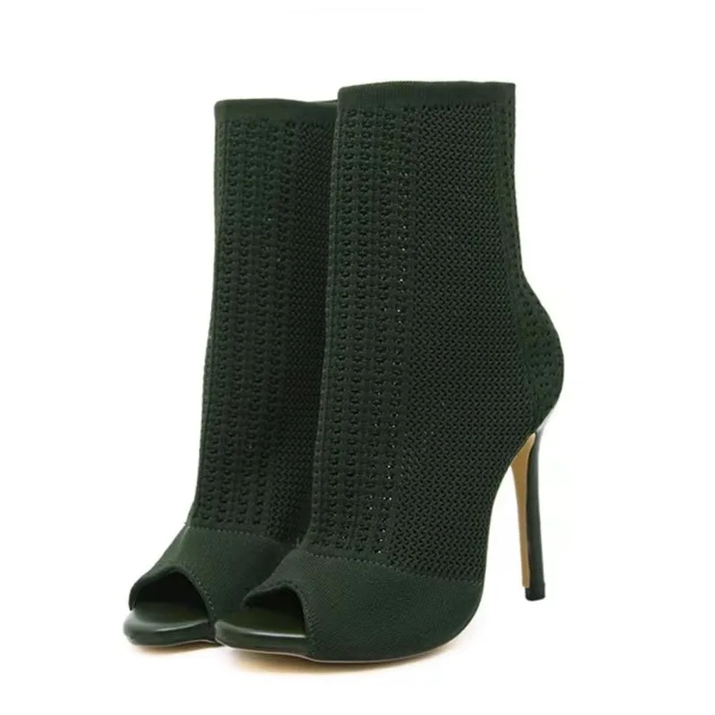 Ladies Ankle Boots Fashion Peep Toe Stretch Fabric Knitting Small Hole Hollow Out Breathable Dress Women High Heels Dance Shoes