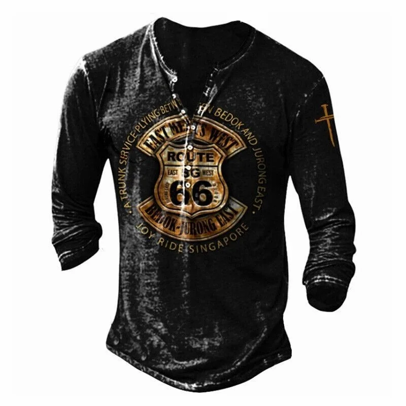 

Мужская рубашка Генри в стиле ретро, рубашка в этническом стиле-Highway 66, повседневная одежда с 3D принтом, уличная одежда, футболка с длинными рукавами