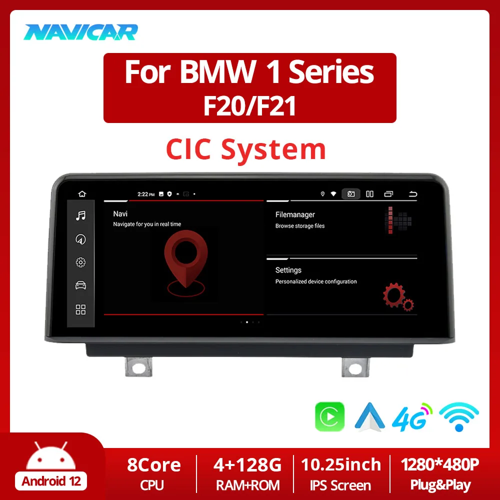 NAVICAR Android12 10.25inch Car Radio 4G+128G For BMW 1 Series F20 F21 2011-2016 1280*480P CIC System With Carplay Screen Player