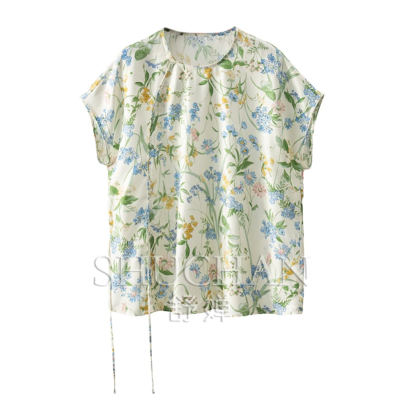 

Prairie Chic Print Blouse Women New 2024 Short Sleeve Natural Silk Ladies Tops Blusas Femininas Elegantes