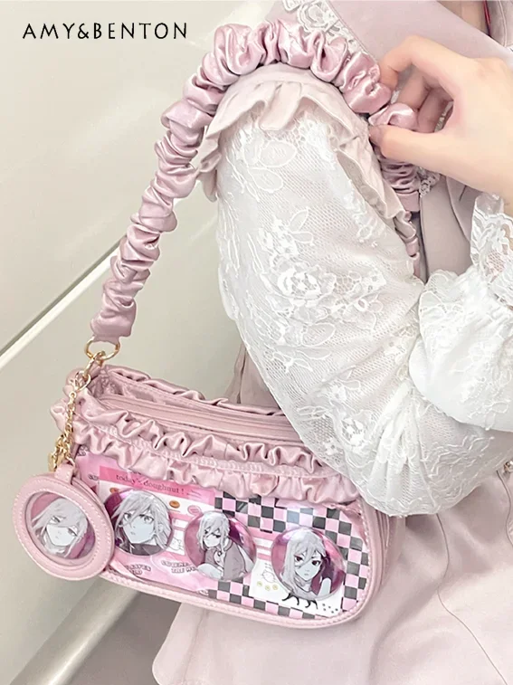 

Japanese Sweet High-end Satin Transparent Messenger Bag Cute Versatile Lolita Shoulder Bag Kawaii Ruffle Edge Square Handbag