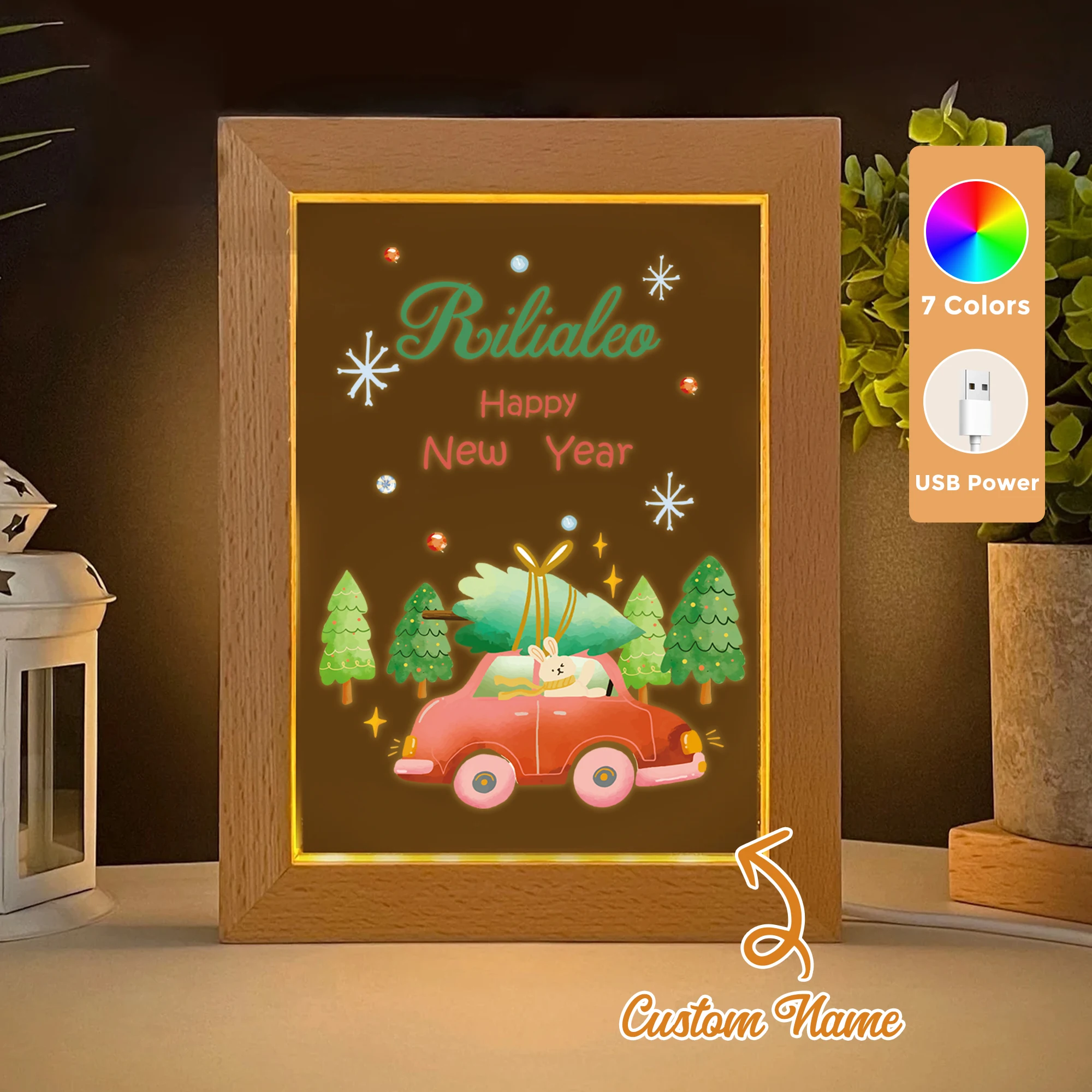 

Custom Name Happy Holidays LED Acrylic Night Light Wood Photo Frame 21x17cm Christmas Cartoon Children Bedroom Gifts Home Decor