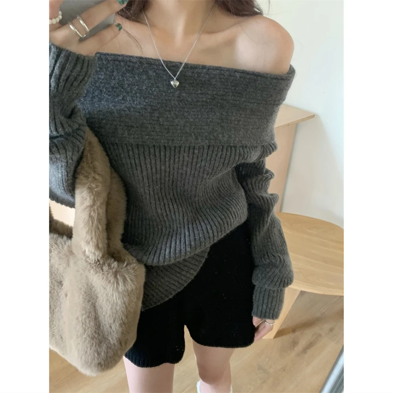 Women Spring Winter Knit Bottom Top One-line Neck Off-shoulder Collarbone Long Sleeve Versatile Casual Daily Layering Sweater