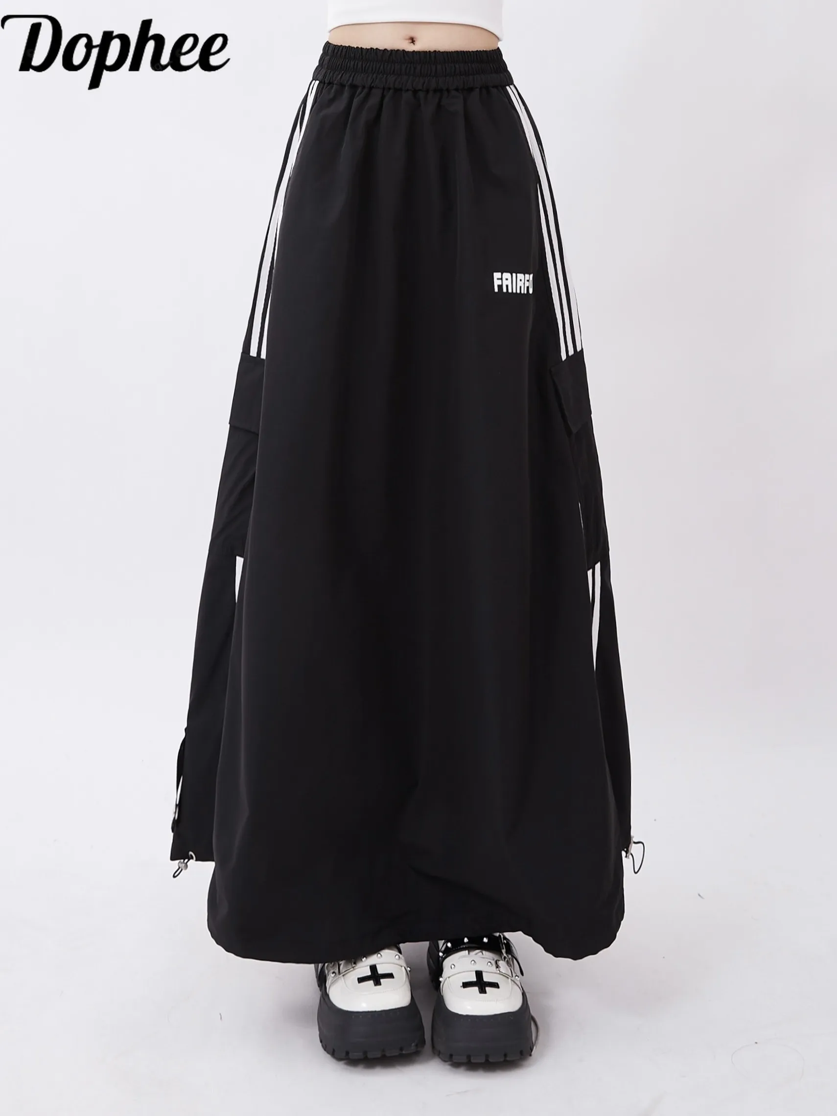 

Dophee 2024 New Spring Women Ultra Long Skirts Dopamine Vintage Split Loose Casual Overalls Elastic Waist Black A-line Skirt