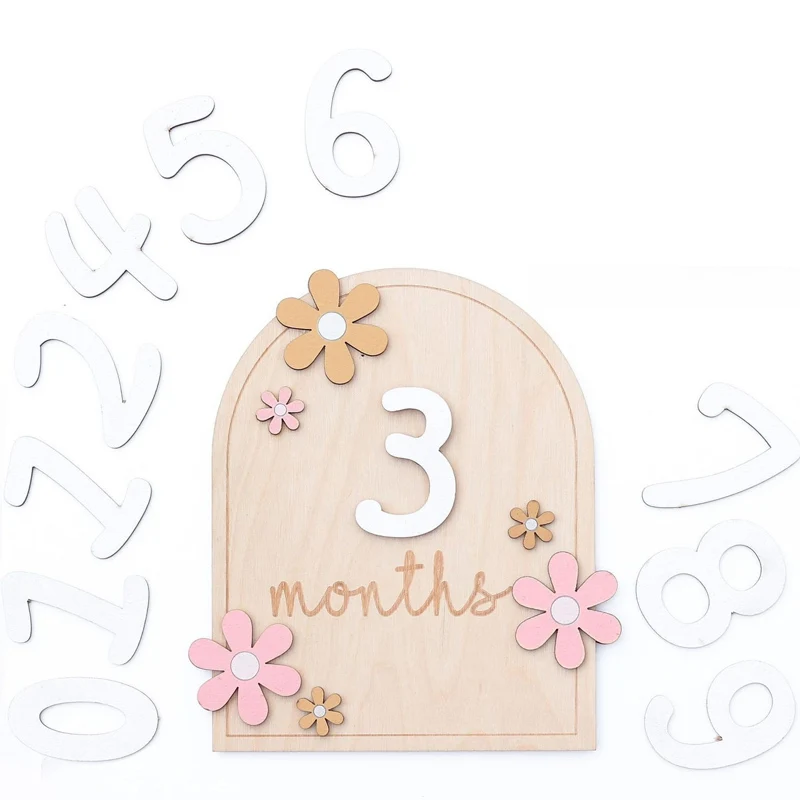 Wooden Baby Monthly Milestone Cards Flowers Double Sides Number Month Girls Boys Newborn Photography Props Accessories_voghion.com