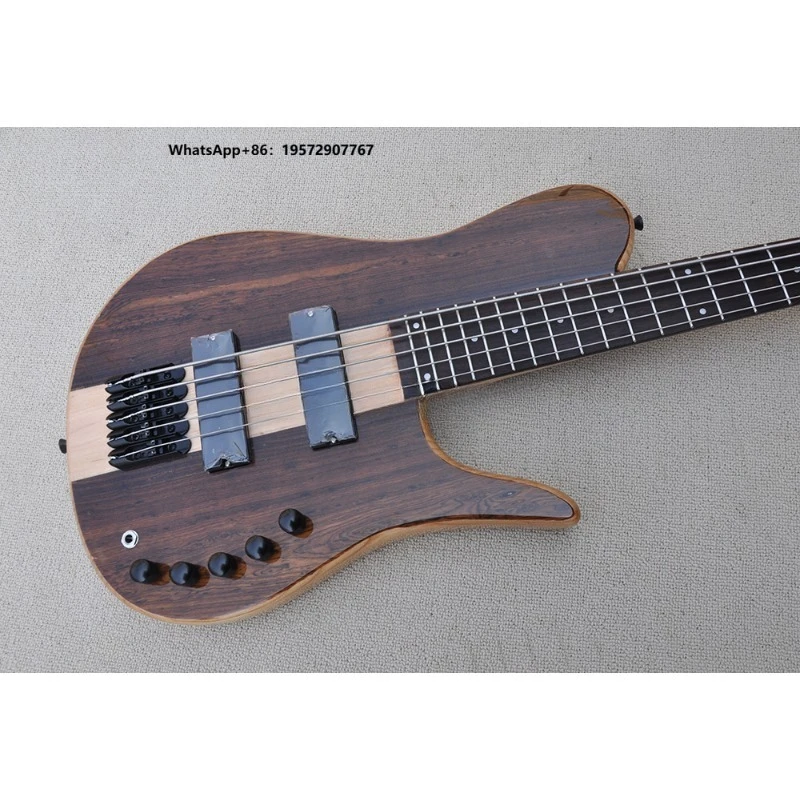 Brown 5 Strings Electric Bass Guitar Neck Through Body Bass Fretboard Bass Guitar