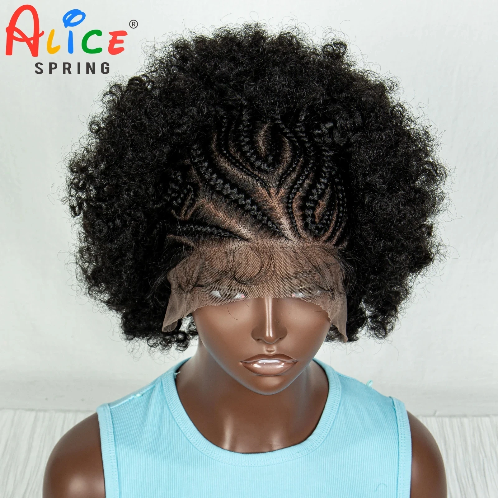 Renda sintetis Wig kepang depan Wig kepang keriting pendek untuk wanita hitam Wig kepang kotak tanpa konless Wig rambut keriting keriting Afro