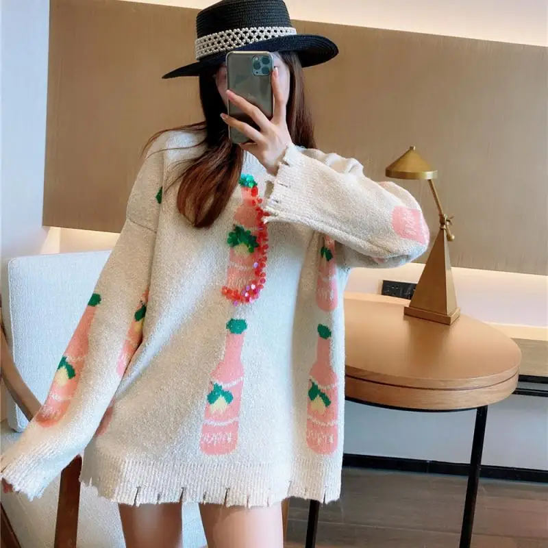 2023 Kawaii Lieve Schattige Casual Pailletten Top Trui Nieuwe Vrouwen Herfst Winter Blauwe Waterfles Print Rafelige Rand Gebreide Truien