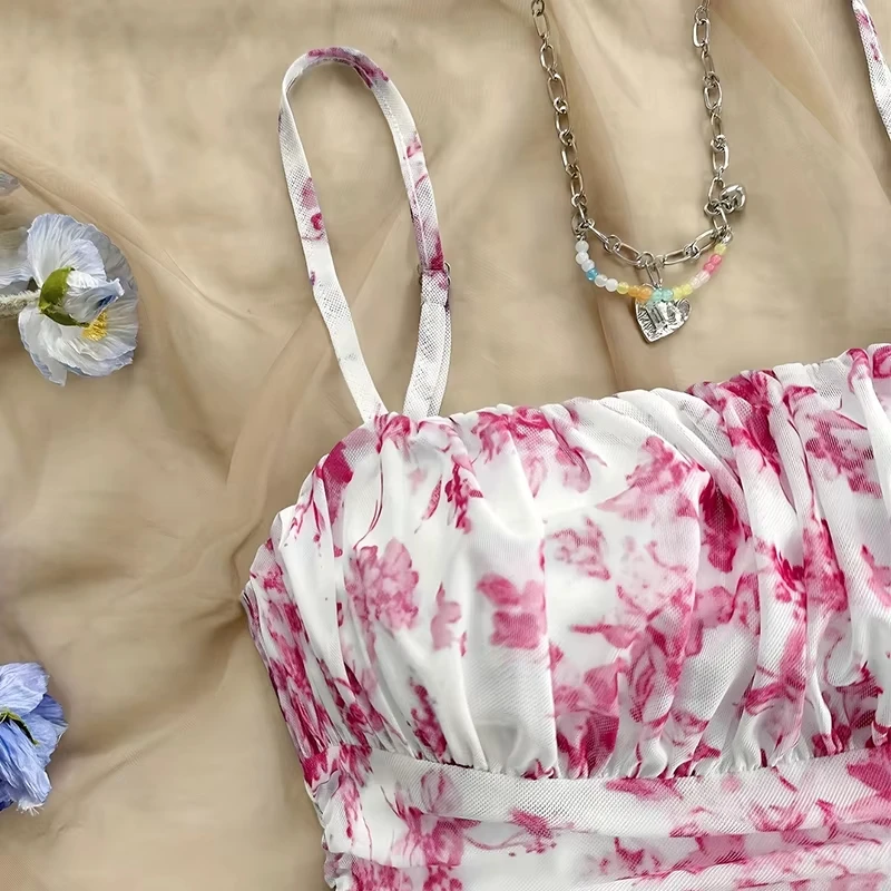 Sommer Frauen Floral Mini Kleid Mode Falten Hohe Taille Sexy Backless Slip Kleider Urlaub Stil Sling Strand Sommerkleid