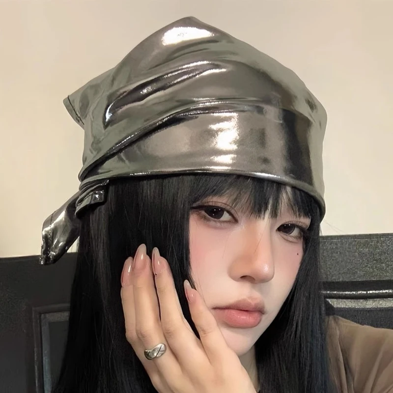 Y2K Liquid Silver Black Headband Retro Spicy Hair Scarf Fashion Hair Shawl Wrap Square Scarf Korean Hair Band for Spice Girls