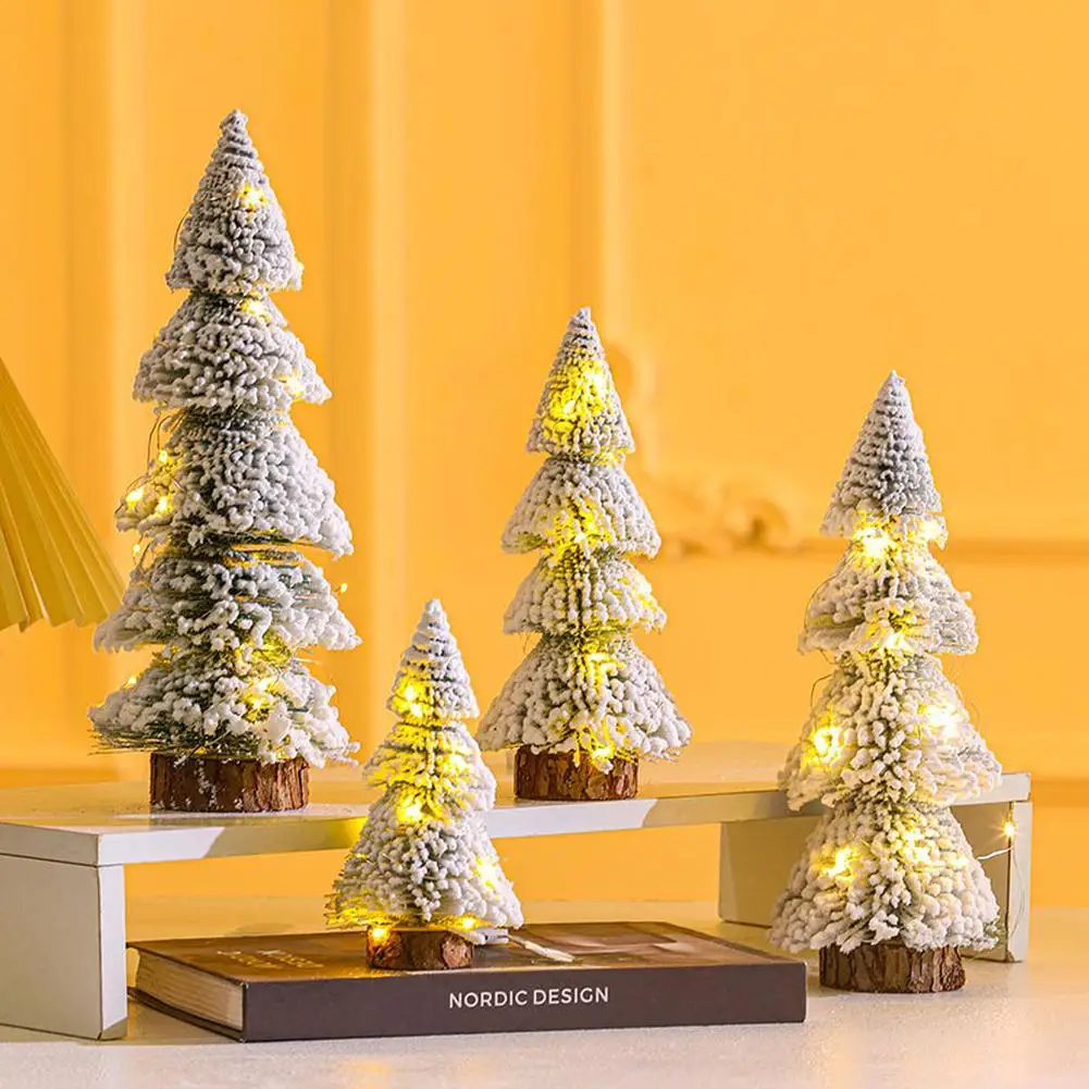 Desktop Mini Xmas Tree With Wooden Base Artificial Christmas Snow Pine Tree Led String Light For Xmas Home Tabletop Decoration